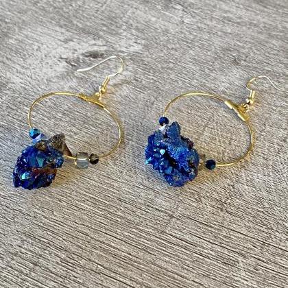Dark Blue Sedona Druzy Agate Beaded Hoop Earrings