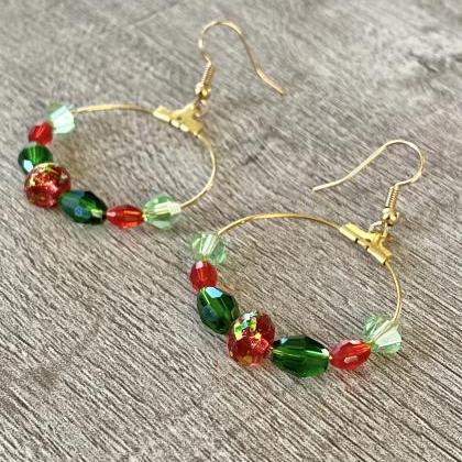 Beaded Holiday Hoop Earrings Red And Green