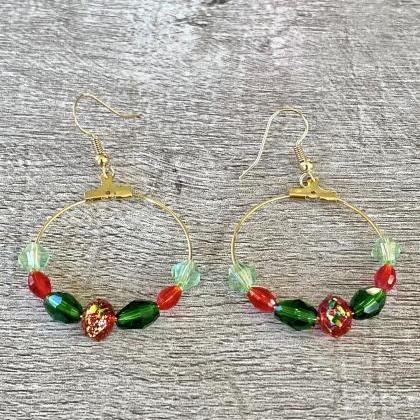 Beaded Holiday Hoop Earrings Red And Green
