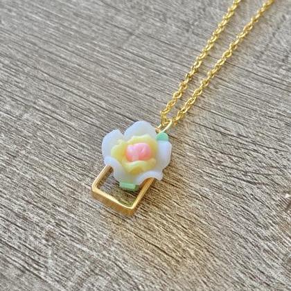 Small Rectangle Multicolor Flower 18 Inch Necklace