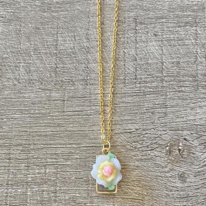 Small Rectangle Multicolor Flower 18 Inch Necklace