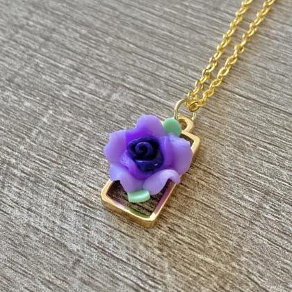 Small Rectangle Purple Flower 18 Inch Necklace