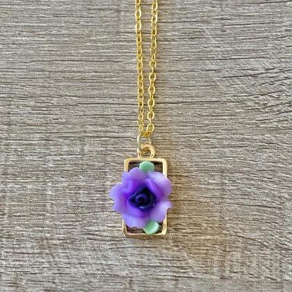 Small Rectangle Purple Flower 18 Inch Necklace