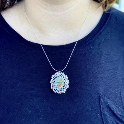 Iridescent Turquoise Pendant 18 Inch Necklace