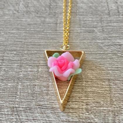 Pink Flower Triangle 18 Inch Necklace