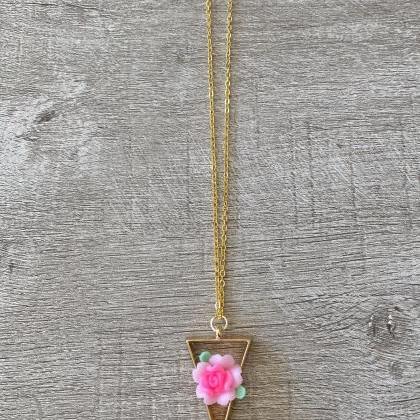 Pink Flower Triangle 18 Inch Necklace