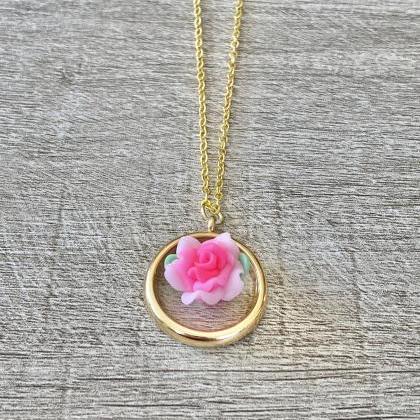 Pink Resin Flower 18 Inch Necklace.
