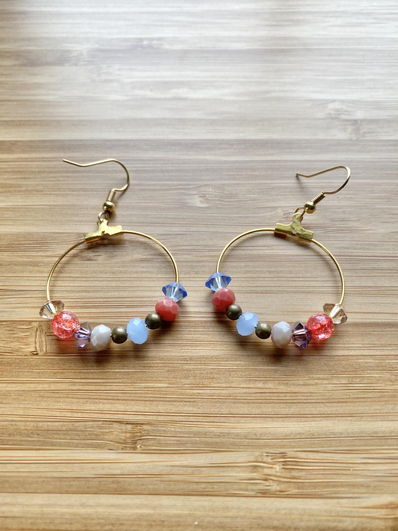 Beaded Coral Periwinkle Gold Hoop Earrings