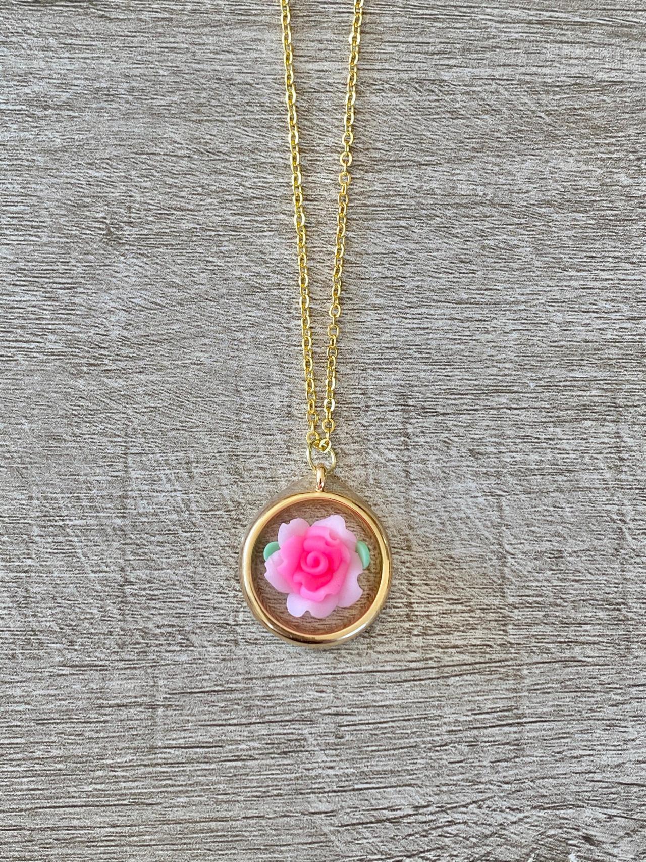 Pink Resin Flower 18 Inch Necklace.